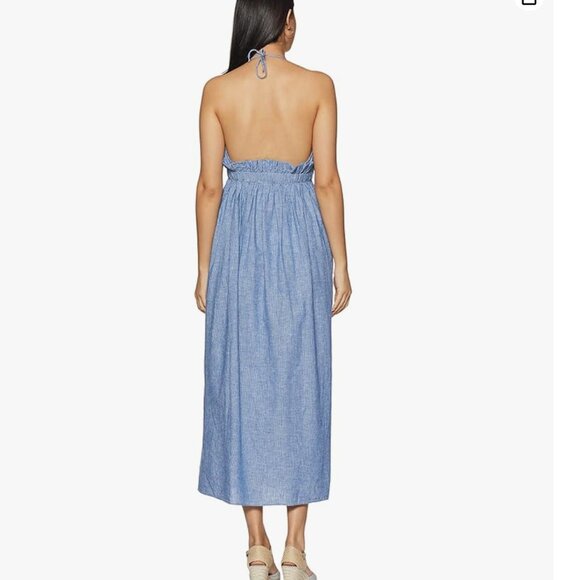 Mango Linen Cotton Halter Neck Ruffle Midi Dress Blue Size 8 - Picture 2 of 8